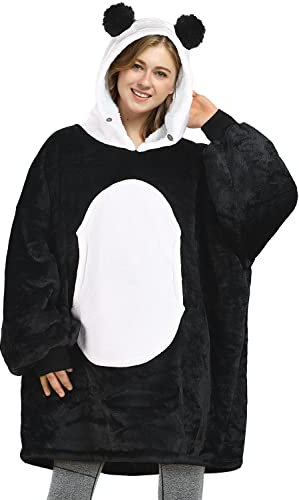 Catalonia Classy Übergroße Panda Sherpa Hoodie Decke, Flauschige Warme Kuscheldecke mit Ärmeln und Kapuze, Tragbare Decke zum Anziehen als Geschenkidee für Damen Herren Kinder