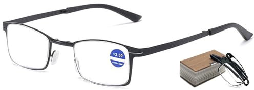 Lanomi Vintage Metall Faltbar Lesebrille klappbar Blaulichtfilter Lesehilfe Sehhilfe UV400 Schutz Rechteckig Computer Brille mit Etui Schwarz 2.0