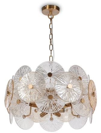 Außergewöhnliche moderne Pendelleuchte Aster, Goldenes Metall, Goldene Glas-Schirme, 8-flammig - Perfekt für Wohnzimmer, Esszimmer, Schlafzimmer - exkl. 8x E14 40W, 220-240V