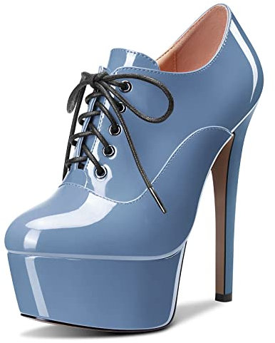 HEUIVZAR Donna Stivaletti Alto High Spillo Tacco Heel Chiusa Punta Verniciata Lacci Scarpe Blu 3 15 CM 39 EU