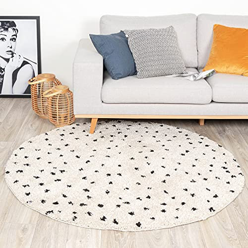 FRAAI | Home & Living Teppich Hochflor Rund - Grand Dots Creme Schwarz - Punkte - Modern, Skandinavisch - Wohnzimmer, Esszimmer, Schlafzimmer - Fellteppich - Carpet