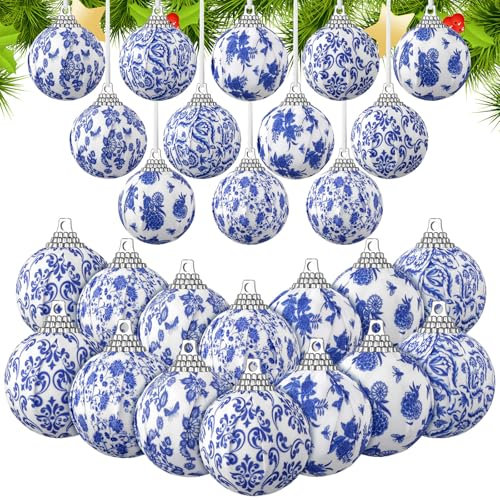 Liliful 24 Pcs Chinoiserie Christmas Ornaments Blue and White Chinoiserie Omament Blue Christmas Hanging Omament for Small Xmas Tree Decoration Wedding Holiday Party Yard Home Supplies