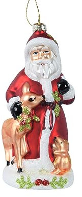 Kaemingk Christbaumschmuck Glas 16cm Weihnachtsmann mit Tieren Weihnachtskugeln Santa Claus - Rot - Weiß