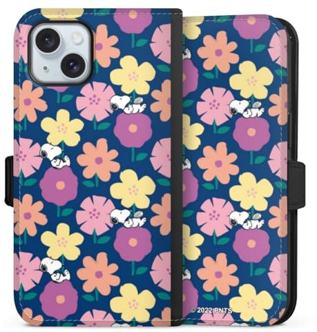 Klapphülle kompatibel mit Apple iPhone 15 Handyhülle aus Kunst Leder schwarz Flip Case Snoopy Blumen Muster