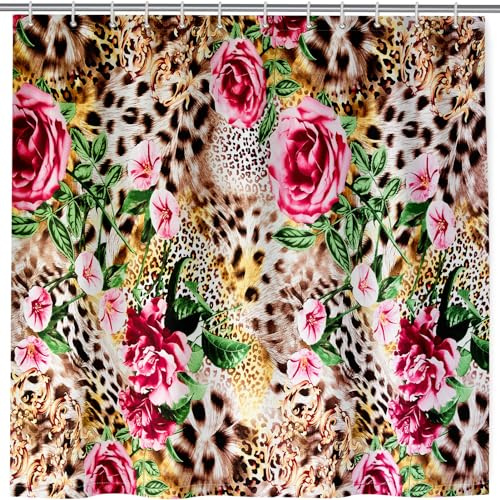 ANHOPE Rideau de Douche Léopard Guépard Fleur Anti Moisissure Lavable Imperméable Tissu Polyester Rideaux de Douche avec 12 Crochets pour Salle de Bain Baignoire Famille Hôtel 180 x 180 cm