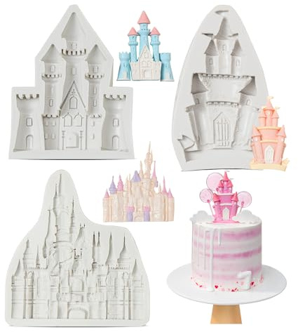 KALAIEN Castle Silicone Mold,3Pcs/Set Castle Cake Fondant Molds,Princess Chocolate Molds Silicone Mirror Mould for Cake Decorating