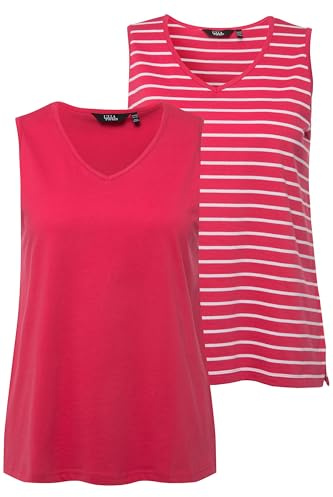 Ulla Popken Damen große Größen Übergrößen Plus Size Top, 2er-Pack, Ringel/Uni, V-Ausschnitt, ärmellos dunkel rosa 42+ 792183538-42+