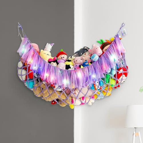 DingGreat Boho Makramee Stofftier Hängematte, Kuscheltier Aufbewahrung Netz, Mädchenzimmer Kinderzimmer Spielzeug Organizer für Plüschtiere Innovative Geschenkverpackung(Inklusive Lichterketten)