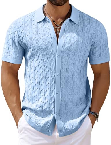 COOFANDY Men's Light Blue XL Knit Short Sleeve Button-Down Vintage Polo Shirt