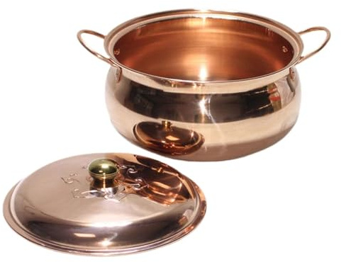 Koppar soppgryta med lock, ren kopparkastrull, soppgryta med dubbla handtag, förtjockad köksgryta kompatibel med induktion för soppa, varm gryta, sallad, användning av
