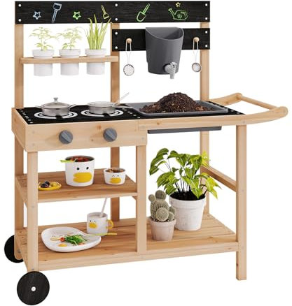 HOMASIS Matschküche Kinder Outdoor, Kinderküche mit Wassertank Spülen Herd Kreidertafel & Pflanztöpfen, Holz Gartenküche mit 10 Zubehör & Rollen, Spielküche mit Haken & Regalen, für Kinder ab 3 Jahren