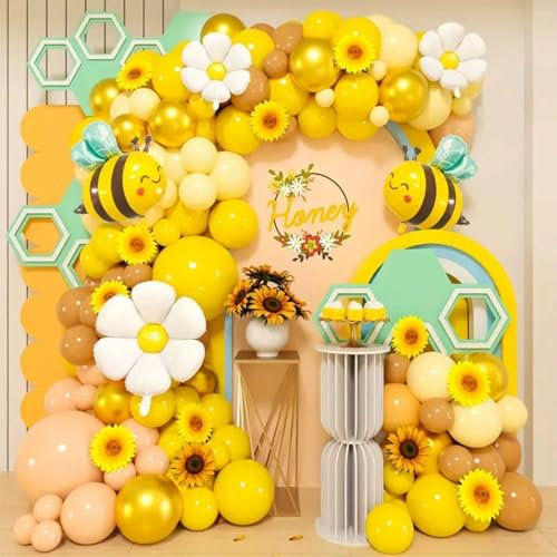 Biene Geburtstag Deko Set, 117 Stück Gelbe Weiß Gold Ballongirlande Set,Biene Folienballon,Kindergeburtstag Deko Biene Luftballons Girlande für Baby Shower, Hochzeitdeko, Party Dekoration