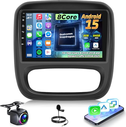 8 Core Car Stereo for Opel Vivaro B 2014-2018/Renault Traffic 3 2014-2021 | 4G+64G Android 15 9'' Touchscreen with Wireless CarPlay Android Auto, WiFi, GPS, Bluetooth 5.1, FM/RDS ,DSP