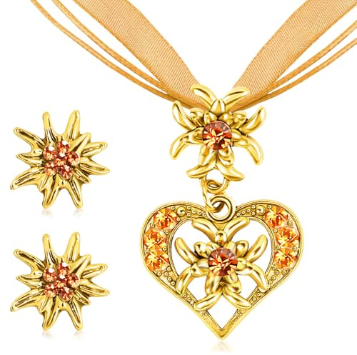 CHONGQILAO Oktoberfest Trachtenschmuck Damen Set, Bayerisch Dirndlschmuck Trachtenkette mit Strass Edelweiß Herz Anhänger und Edelweiß Ohrstecker für Damen Bierfest Trachten Dirndl Outfit Accessoires
