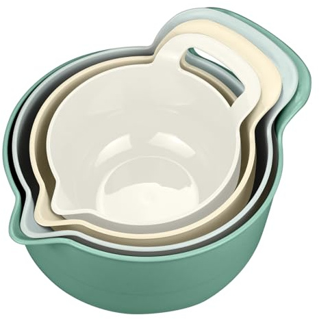 JTOOYS 4 Pack Nesting Mixing Bowls Set - with Handle & Easy Pour Spout & Non-Slip Base BPA Free PP Plastic Large Nesting Salad Bowls Set for Kitchen Storage Dishwasher Safe (Green)