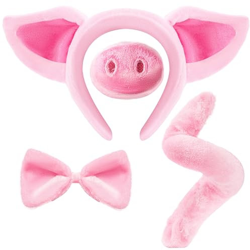 Pink Animal Kostüm Zubehör Set mit Nase, Ohren, Fliege und Schwanz: Pinky Pig Kostüm für Erwachsene und Kinder, Halloween, Party, Gastgeschenke, Bauernhof, Rollenspiele und Lehrer