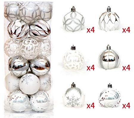 KiKom 2.36 24 Stück Weihnachtskugel Bruchsicher Gemalt Weihnachtsbaumdekoration Set Für Urlaub Hochzeit Weihnachtsdekoration 60mm (Silber Weiss)