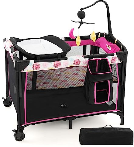 DREAMADE 4 in 1 Kinderreisebett Klappbar, Babybett Höhenverstellbar mit Wickeltisch, Beistellbett mit Tragetasche, für Baby 0-36 Monate