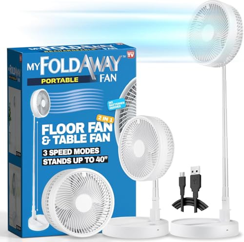 Bell+Howell My Foldaway, All in 1 Folding Fan for Bedroom/Desk and More, Portable Travel Fan Fits in Suitcase, 10 Hour Battery Life, Quiet Foldable Fan from 4”- 40” with 3 Modes