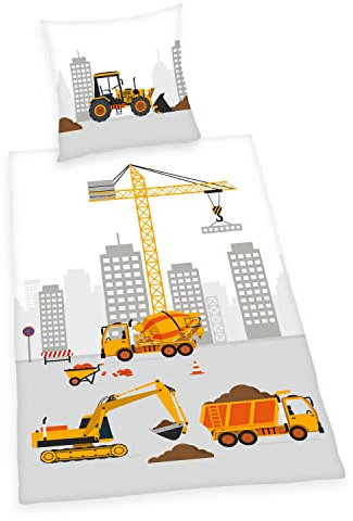 Baustelle Bettwäsche, Kopfkissenbezug ca. 80x80 cm, Bettbezug ca. 135x200 cm, mit leichtläufigem Markenreißverschluss, 100% Baumwolle, Renforcé
