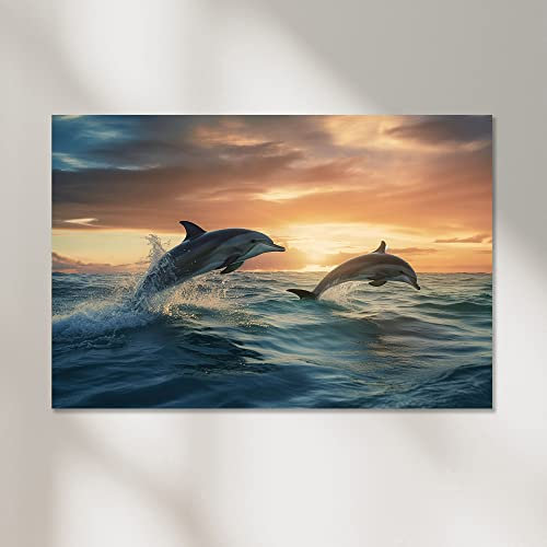 Delfine im Sonnenuntergang Poster, Leinwandbild oder Bild mit Rahmen, 50x70 cm, Fotoposter