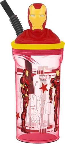STOR Gobelet pour enfant Marvel Avengers Iron Man 360 ml en plastique rouge avec paille et figurine 3D du personnage