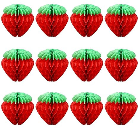 MIVAIUN 12 Stück Erdbeer-Waben-Papierkugel Erdbeer-Party-Dekorationen, Obst-Papierkugel-Dekorationen, Erdbeerkugel, hängende Wanddekoration für Geburtstag, Party, Garten, Dekoration, 15,2 cm (Rot)