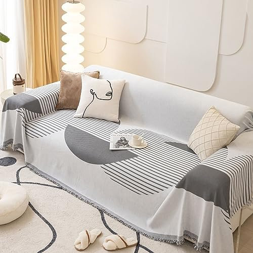 Mesnt Sofa Überzug Schlafsofa, Chenille Waschbar Sofa Protection Cover Schonbezug Couch mit Halbkreis- und Linienmuster mit kurzer Quaste Grau, 180x400CM