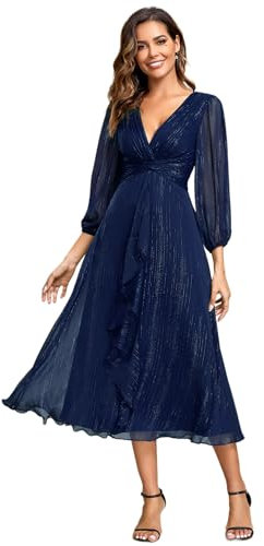 Ever-Pretty Robe D'Invité De Mariage Manches Longues Col V Lingne A Chic Bleu Marine 44