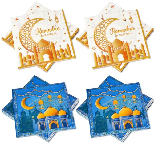 DPKOW 24Pcs Ramadan Napkins Blue Gold Star Moon Ramadan Kareem Party Napkins Disposable Eid Napkins for Islamic Muslim Dinner Ramadan Table Decorations Supplies