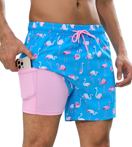 SHEKINI Short de bain 2 en 1 pour homme avec doublure de compression 12,7 cm, séchage rapide avec poches zippées, maillot de bain, surf, plage extensible, Flamants roses - Vert, XXL