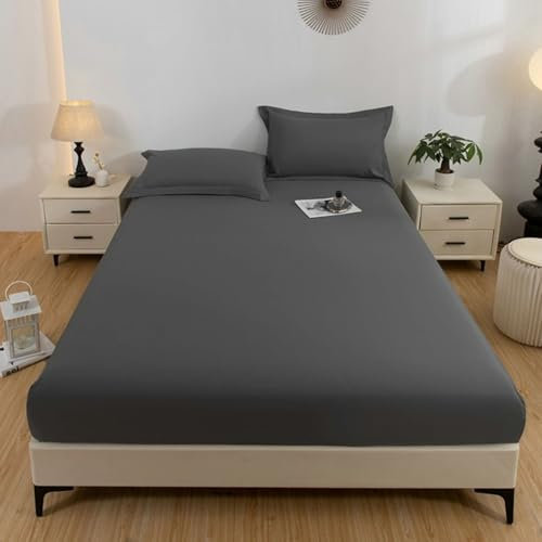 Homxi Spannleintuch Elastisch mit 2 Kissenbezug,(180 x 200 cm),Spannbettlaken Elastisch Einfarbig Bettbezug Schwarz Grau
