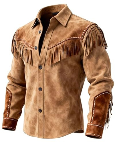 LLJYLYHRHD Men's Western Leather Shirts Jacket Suede Fringe Shirts