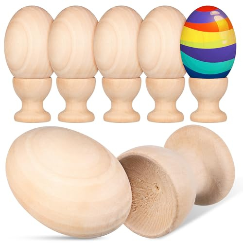 Veemoon 6 Stück Kleine Holzeier zum Bemalen 6x4cm aus Unbehandeltem Holz mit Holz Eierhaltern für Basteln Dekoration und Osterdeko