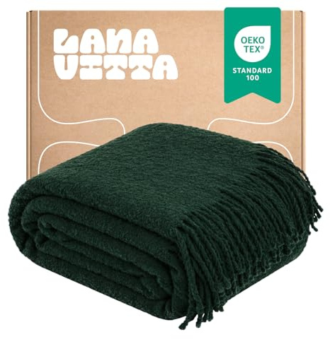 Lanavitta – Bouclé Wolldecke „Lounge“ – Kuschelige Tagesdecke & Plaid – Sofadecke, Couchdecke, Bettüberwurf & Sesseldecke – 25% Wolle, 20% Polyester, 55% Acryl – Grün – 140x200 cm