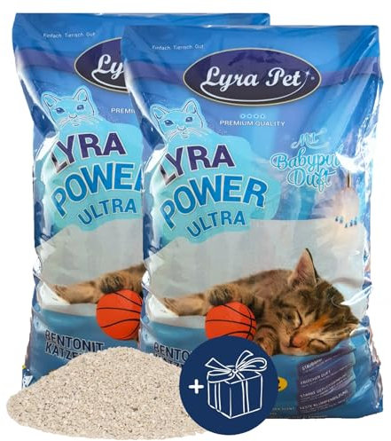 Lyra Pet® | 30 Liter Lyra Power Ultra Excellent Katzenstreu + Geschenk | Mit Babypuder Duft | Klumpstreu | 350% Saugkraft | Naturprodukt aus Bentonit | Saubere Wohnung | Neutralisiert Gerüche