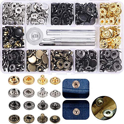 120 Set Metall Druckknöpfe, Sinzau Metall Druckknopf mit Fastener Tool, für Bekleidungs-Reparatur, Jacken, Jeans, Riemen und Nähen Jobs, 4 Farben Gold, Silber, Bronze, Gunmetal