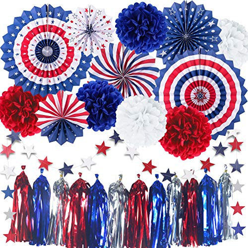 Cmaone - Juego de 25 decoraciones de fiesta patriótica, bandera americana del 4 de julio, suministros para fiestas colgantes, pompones, guirnalda de estrellas rojas, blancas y azules, guirnaldas de