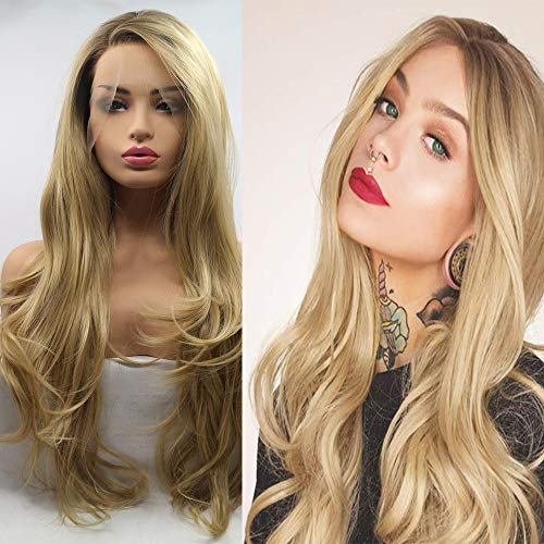 Xiweiya 45,7 cm Ombre Blonde gewellte Kunsthaar-Perücke mit dunklen Wurzeln, lange wasserwellige Perücke hellblonde Seite Pony Haar hitzebeständige Faser natürlicher Haaransatz Spitzenperücke