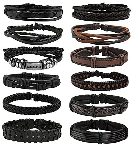 MILAKOO 12 Stück geflochtene Lederarmbänder mit gravur für Männer, Frauen, Armreif, verstellbar