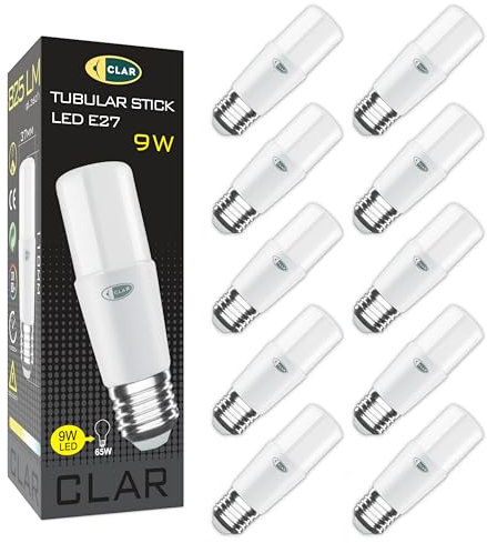 CLAR - E27 LED Lampe Stabform 9W Leuchtmittel E27, Energiesparlampe E27, LED Energiesparlampe, E27, Lampe Aussenbereich, LED Längliche Glühbirne E27 9W E27 Kaltweiß 6000ºK (Pack 10)