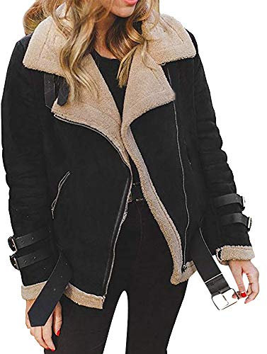 Kunstpelz Mantel Damen Lederjacke Damen Warm Winterjacke Mit Teddyfutter Revers Bomberjacke,Wildlederjacke Dicke Biker Motor ReißVerschluss Outwear (Schwarz, L)