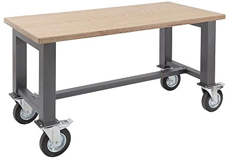 Fahrbare Werkbank 150 x 70 cm, Werktisch, Arbeitsplatte für Werkstatt, Hobby, Garage