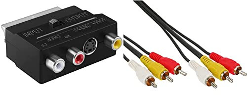 mumbi SCART/S-VHS/AV-Adapter (Scart/SVHS+3xRCA) mit Umschalter Line In-Out & Inline 89601 Cinch Kabel, Audio/Video 3X Cinch, Stecker/Stecker, 1,5m