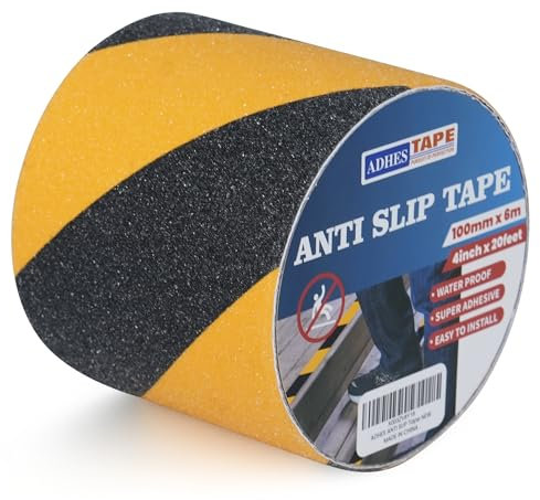 ADHES Ruban Adhésif Antidérapant Ruban de Hazard de Signalisation Bandes de sécurité pour Les escalier et Les marches,intérieur et extérieur,Haute Traction,Noir,100mm x 6m