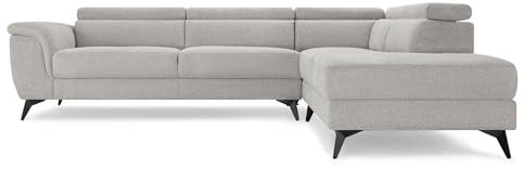 Furnhouse Betis L- Form Ecksofa Rechts Grau – Großes 5-Sitzer Sofa, Verstellbare Kopfstützen, Hochwertiger Stoffbezug, Skandinavisches Design, Modernes Wohnzimmersofa mit Ottomane