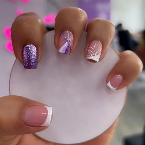 24pcs French False Nails Short White Tip Stick on Nails Square Press on Nails Purple Glitter Removable Glue-on Nails Full Cover Fake Nails Women Girls Nail Art Accessories