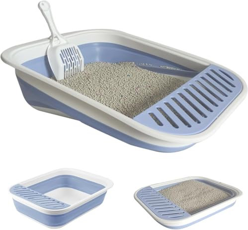Arenero para Gatos Grande Con Pala, Caja de Arena Plana Plegable, Entrada Baja, Inodoro de Viaje Con Pedal de Arena Que Cae para Gatos Mayores