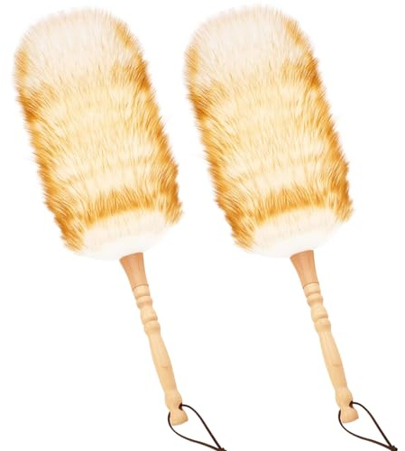 iHUFeather Staubwedel aus Lammwolle zur Reinigung mit massivem Holzgriff, Lederband, 49,8 cm, natürlicher Feder-Staubwedel zur Reinigung von Deckenventilatoren, Fensterrollos, Computermöbeln (2 Stück)