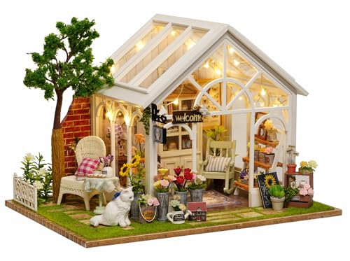 CUTEROOM Juego de casa de muñecas en miniatura, invernadero con luz LED, proyecto de manualidades hecho a mano, cumpleaños, Navidad y entusiastas de las manualidades (Sunshine Greenhouse)